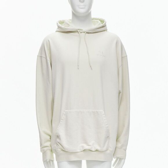 BALENCIAGA Demna 2021 ecru cotton logo embroidery oversized hoodie sweatshirt L